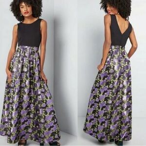 Modcloth By Invitation Only Whimsigoth Maxi Jacquard Dress Black Purple Roses S